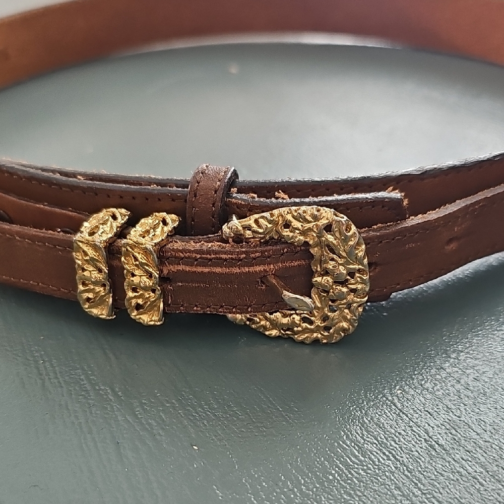 Vintage Brown Leather Belt with Gold Buckle By DUNDEE Size 30